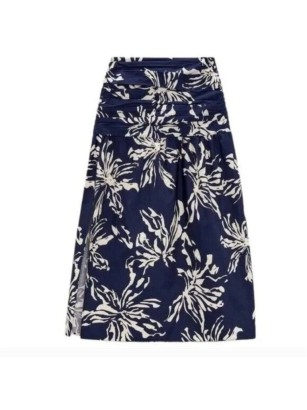 NWT ZARA Women's Size XL Midi Skirt In Printed Fabric Blue/White with Slit
